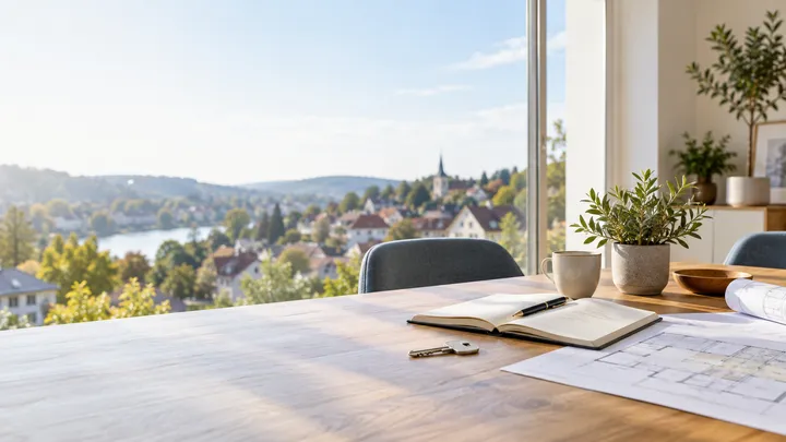 LR Homes Immobilien Beratungstisch mit Immobilienunterlagen und Blick auf einen Ort